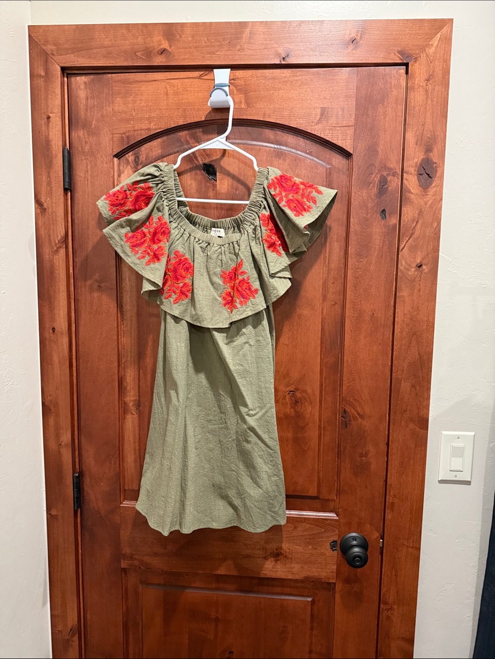 Umgee Olive Off-Shoulder Tunic with Red Floral Embroidery
